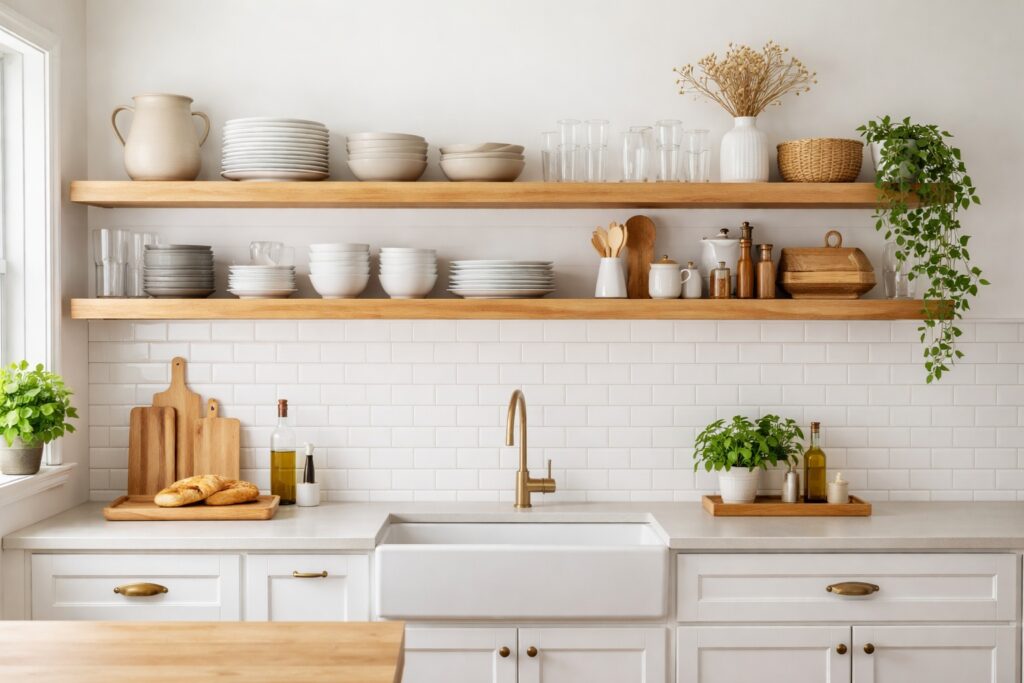 Bright kitchen interior with two long floating timber shelves replacing upper cabinets, displaying everyday dishware as an example of open shelving.