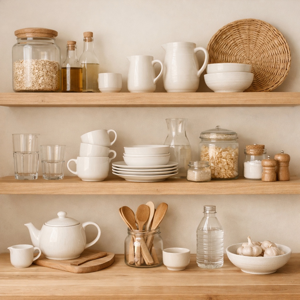 Calm neutral kitchen with white stoneware and clear glass displayed on light wood shelves, creating a warm and inviting aesthetic.