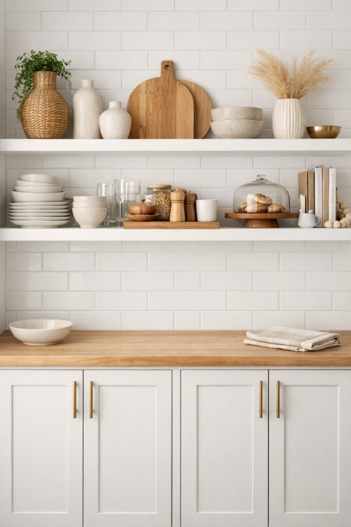 Minimalist kitchen shelves styled with ceramics, wooden boards, and greenery, showing what not to store on open shelving, with bulk food packaging and cleaning supplies kept hidden in lower cabinets.