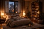 Cozy urban bedroom at twilight with warm layered lighting, padded headboard, bookshelf and thick rug, softly blurred city lights through curtains, illustrating a calm sanctuary while highlighting soundproofing tips for urban bedrooms such as heavy curtains, soft furnishings, rugs, and upholstered headboards to reduce city noise.