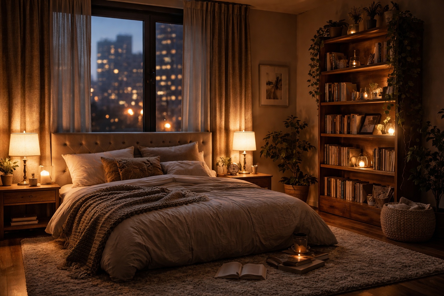 Cozy urban bedroom at twilight with warm layered lighting, padded headboard, bookshelf and thick rug, softly blurred city lights through curtains, illustrating a calm sanctuary while highlighting soundproofing tips for urban bedrooms such as heavy curtains, soft furnishings, rugs, and upholstered headboards to reduce city noise.