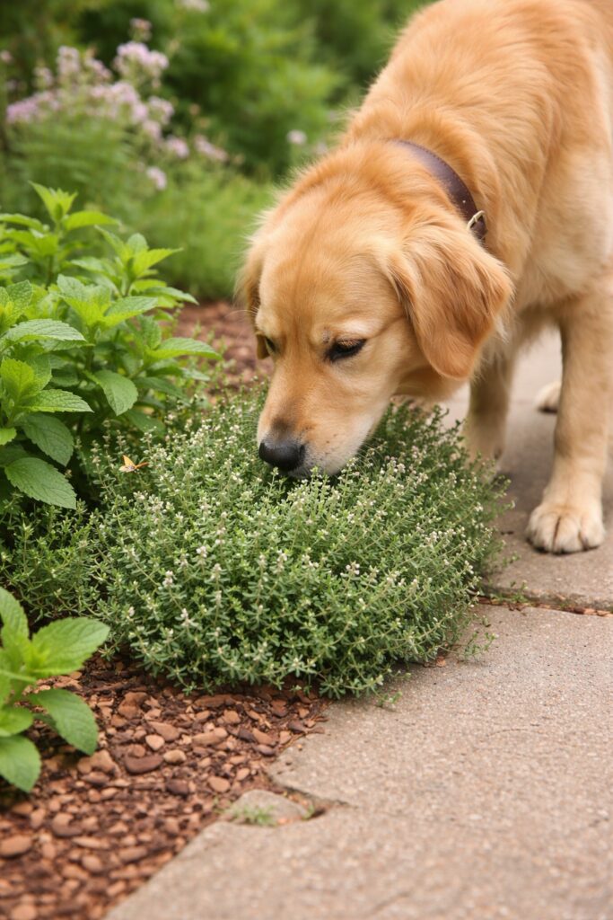 A dog sniffing a patch of mint and thyme planted beside a garden pathway, showing safe, non toxic plants that encourage natural curiosity in pets