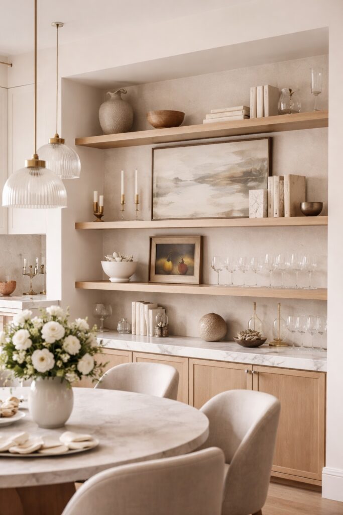 Elegant dining area shelving connected to the kitchen, styled like a gallery with framed artwork, decorative objects, and glassware instead of utilitarian food items.
