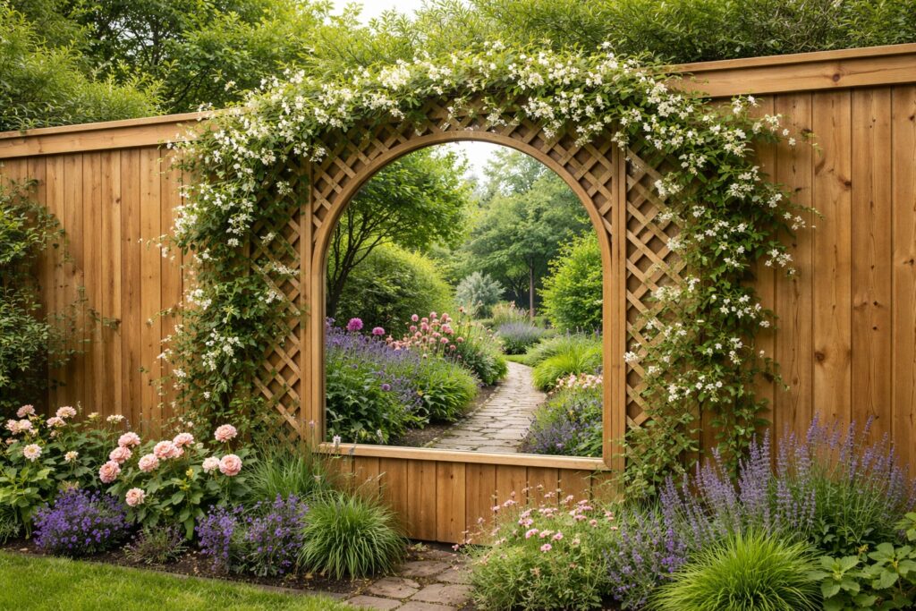 fence-integration-acrylic-mirror-jasmine-trellis Lightweight acrylic garden mirror mounted on a wooden fence, framed with trellis and climbing jasmine for a built in look