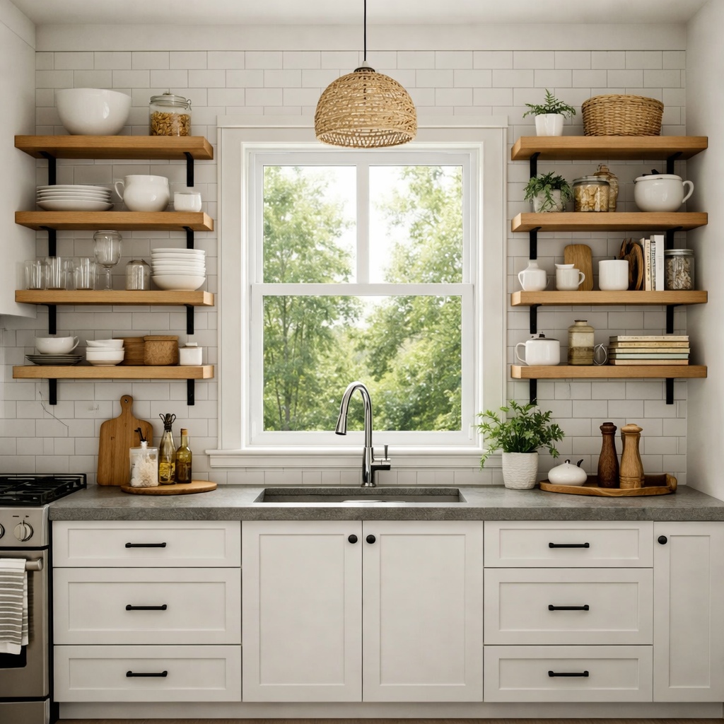 Bright kitchen layout with closed base cabinets for storage and open shelves installed around a window to keep the space light and unobstructed.