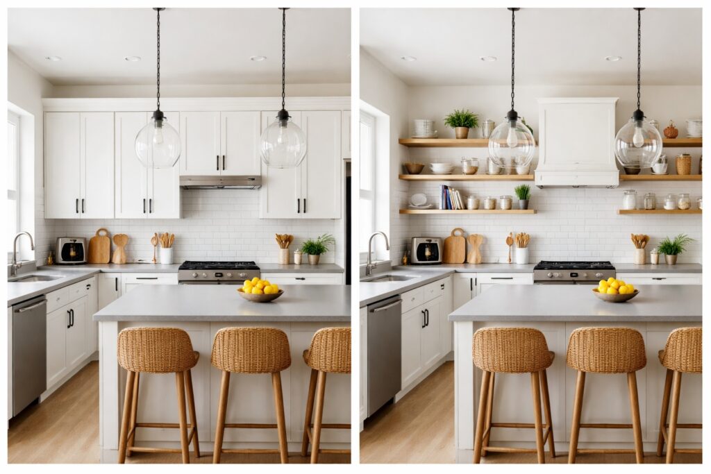 Side by side comparison of the same kitchen showing heavy closed wall cupboards on the left and open shelving on the right, highlighting the increased sense of space and openness created by open shelves.
