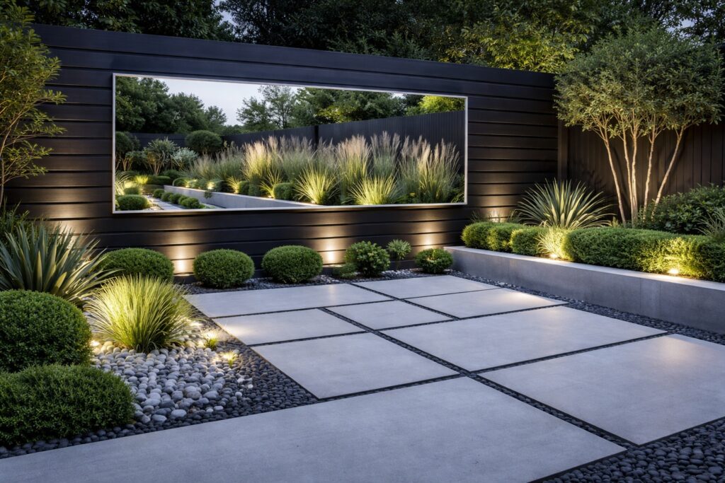 modern-geometric-garden-mirror-dark-slat-fence