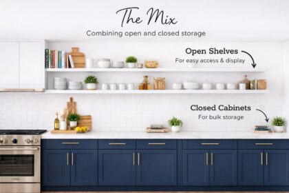 Modern open shelving kitchen with dark blue lower cabinets, white walls, and floating shelves displaying cookbooks and mugs, combining open and closed storage.