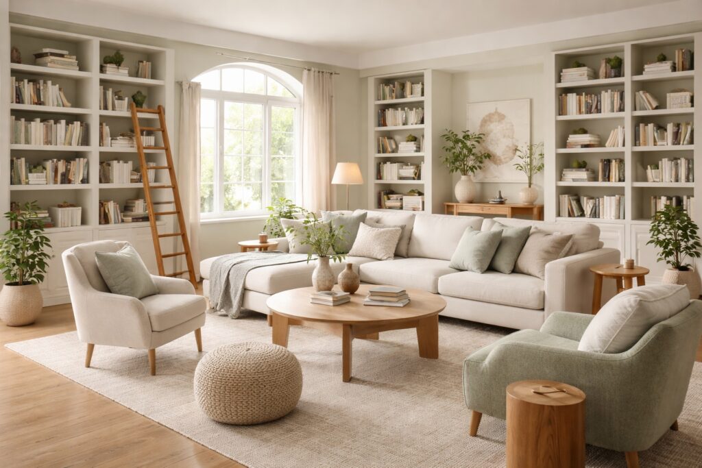 multi-purpose-living-room-reading-socializing-relaxing-palette Multi-purpose living room designed for reading and socializing, featuring soft neutral colours, comfortable seating, built-in bookshelves, natural light, and a calm, uncluttered atmosphere.