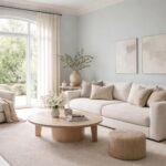 High end living room in muted duck egg blue and pale blue grey tones, showcasing color psychology where soft blue hues promote calm, emotional balance, and stress reduction, paired with neutral textures and natural light for a restorative atmosphere