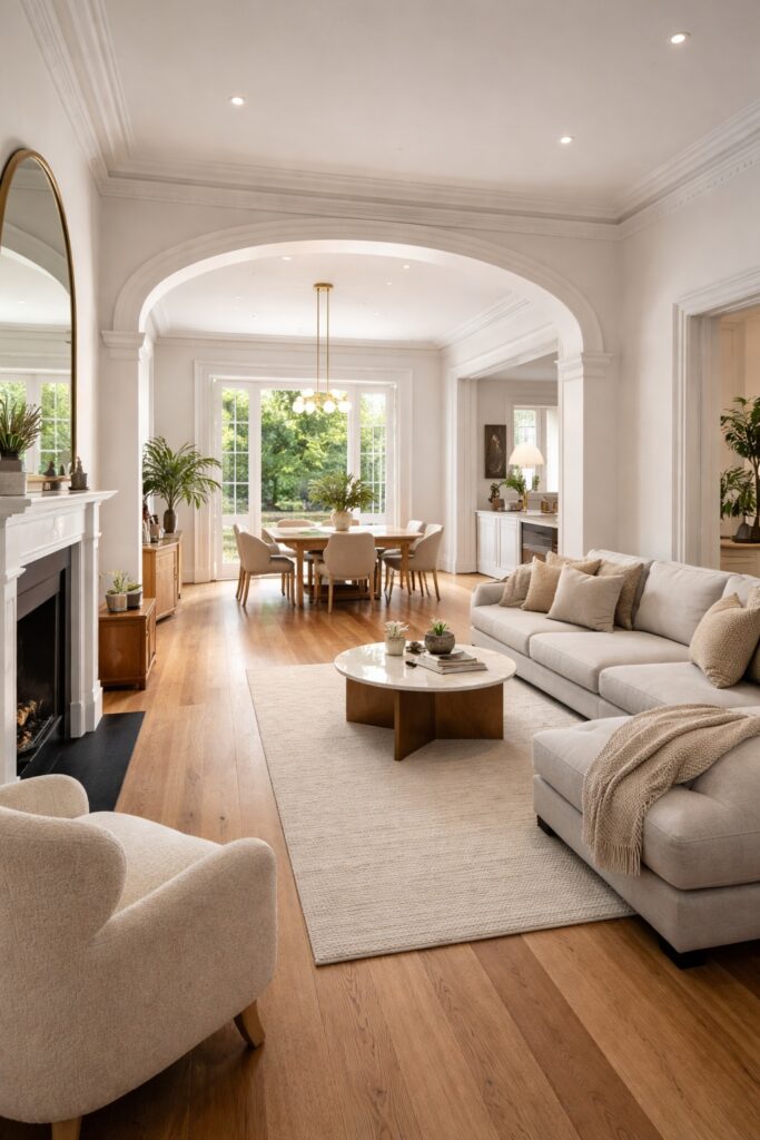 Open plan period home with continuous timber flooring linking the living and dining areas, creating a cohesive and elegant interior.