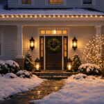 Outdoor Christmas ideas shown in a minimalist, photorealistic home exterior at twilight with warm white roofline lights, a natural green wreath on the front door, glowing lanterns with LED candles, a softly lit tree, and a snowy path creating a calm, elegant festive atmosphere.