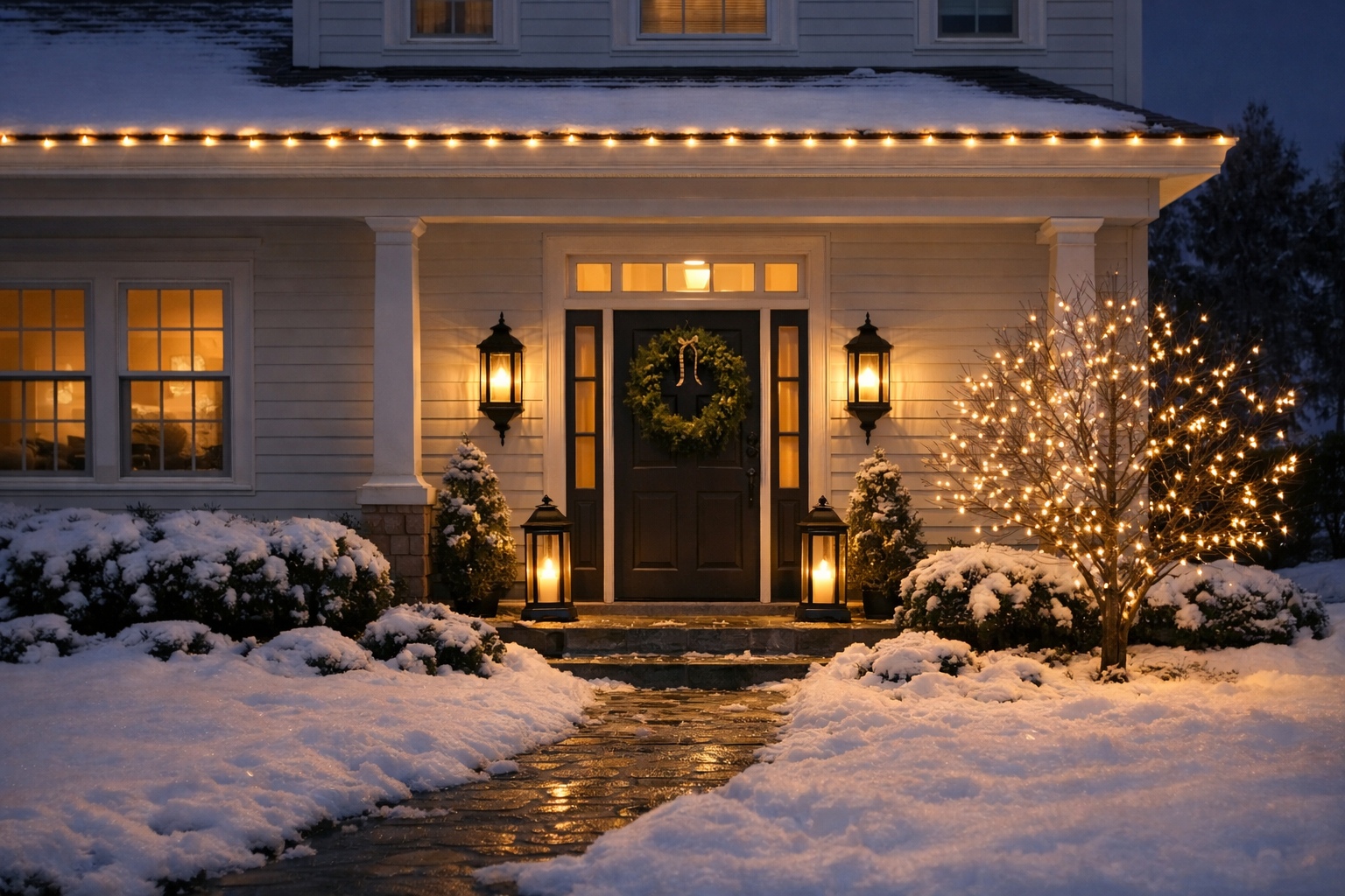 Outdoor Christmas ideas shown in a minimalist, photorealistic home exterior at twilight with warm white roofline lights, a natural green wreath on the front door, glowing lanterns with LED candles, a softly lit tree, and a snowy path creating a calm, elegant festive atmosphere.
