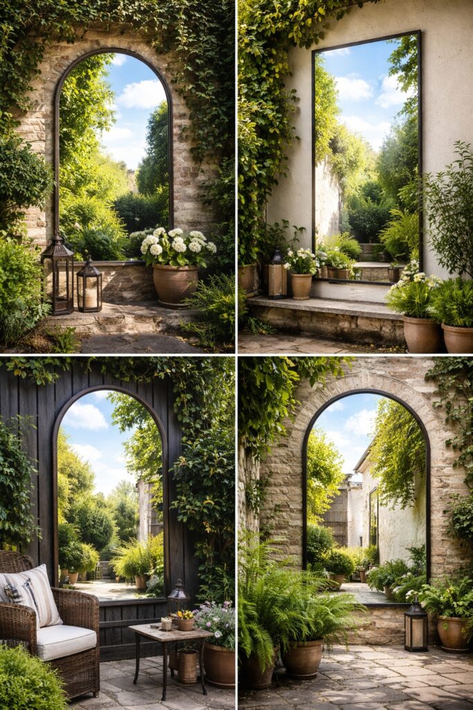 outdoor-mirror-reflecting-sky-brightening-dark-garden-areas Outdoor garden mirrors reflecting pale walls and open sky to brighten shaded areas and dark corners naturally