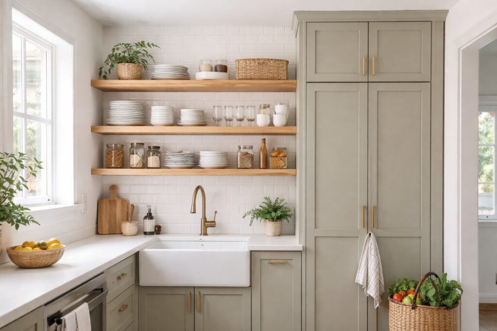 Practical kitchen with open shelves above the sink for easy dish access and tall closed pantry cabinets positioned to the side