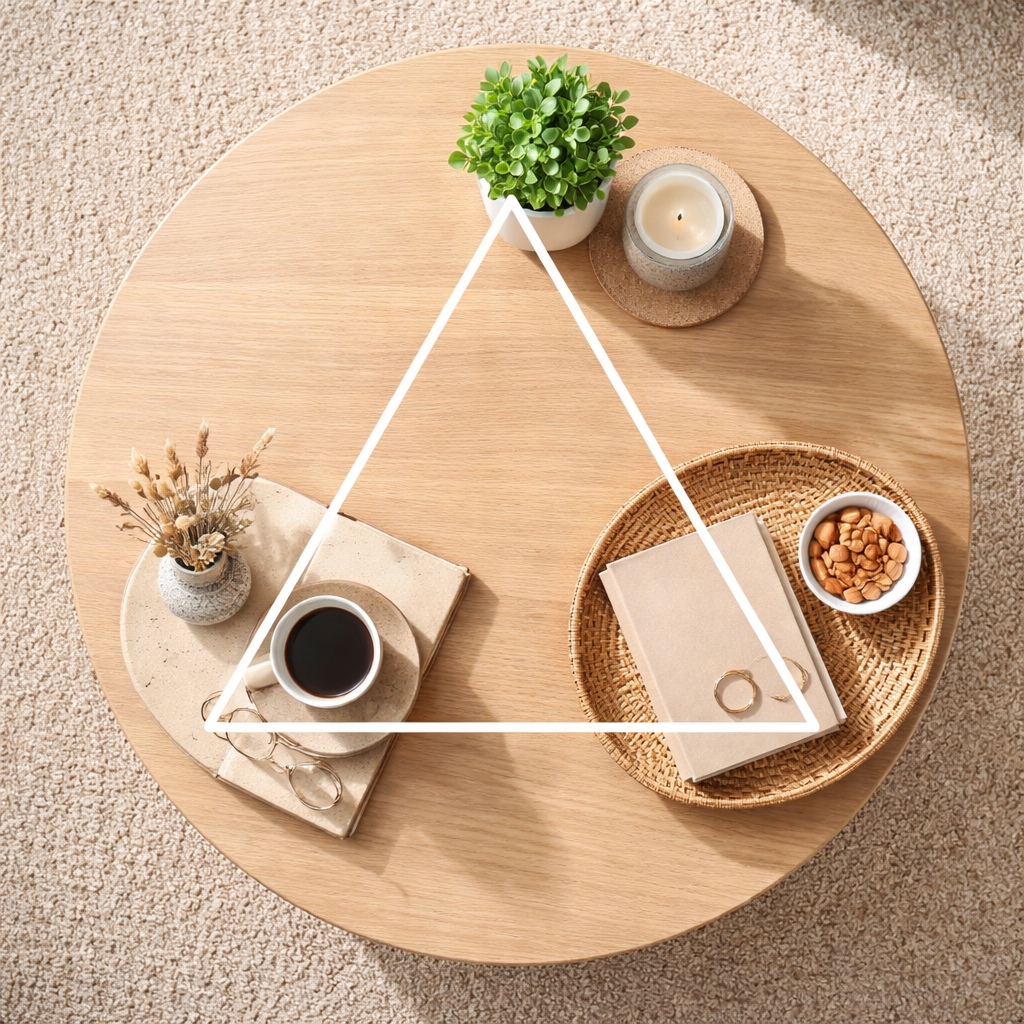 How to style a coffee table using the rule of three with books, a plant, and decorative objects arranged on a round wooden table