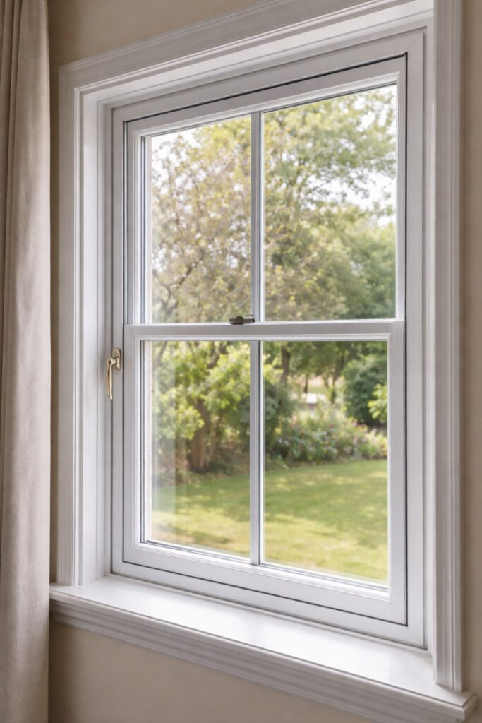 Landscape view of a window with a discreet secondary glazing panel fitted behind the main glass to reduce noise while maintaining a clear garden view