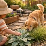A warm, sunlit sensory garden for kids and pets, showing a young child touching the soft leaves of a Lamb’s Ear plant while a family dog explores ornamental grass, inspiring ideas for creating a sensory garden with natural textures and greenery.