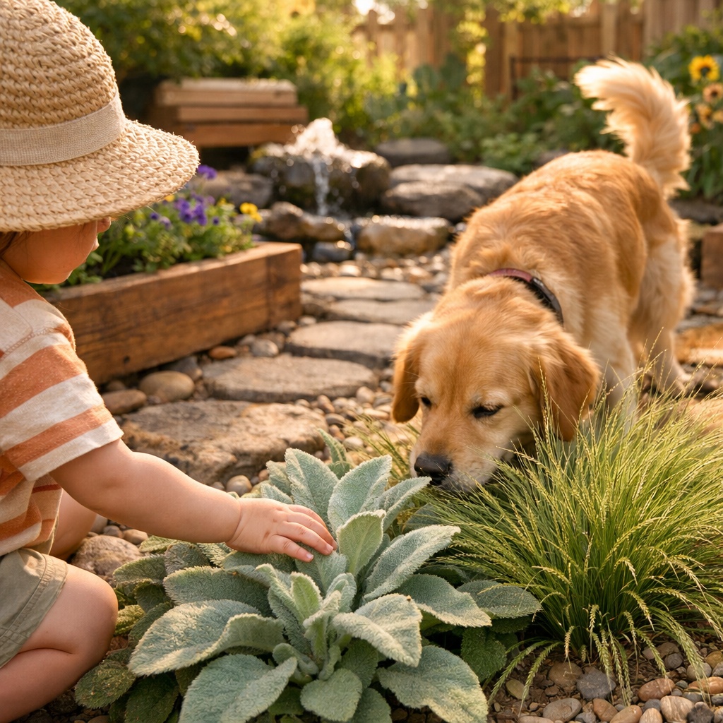 A warm, sunlit sensory garden for kids and pets, showing a young child touching the soft leaves of a Lamb’s Ear plant while a family dog explores ornamental grass, inspiring ideas for creating a sensory garden with natural textures and greenery.