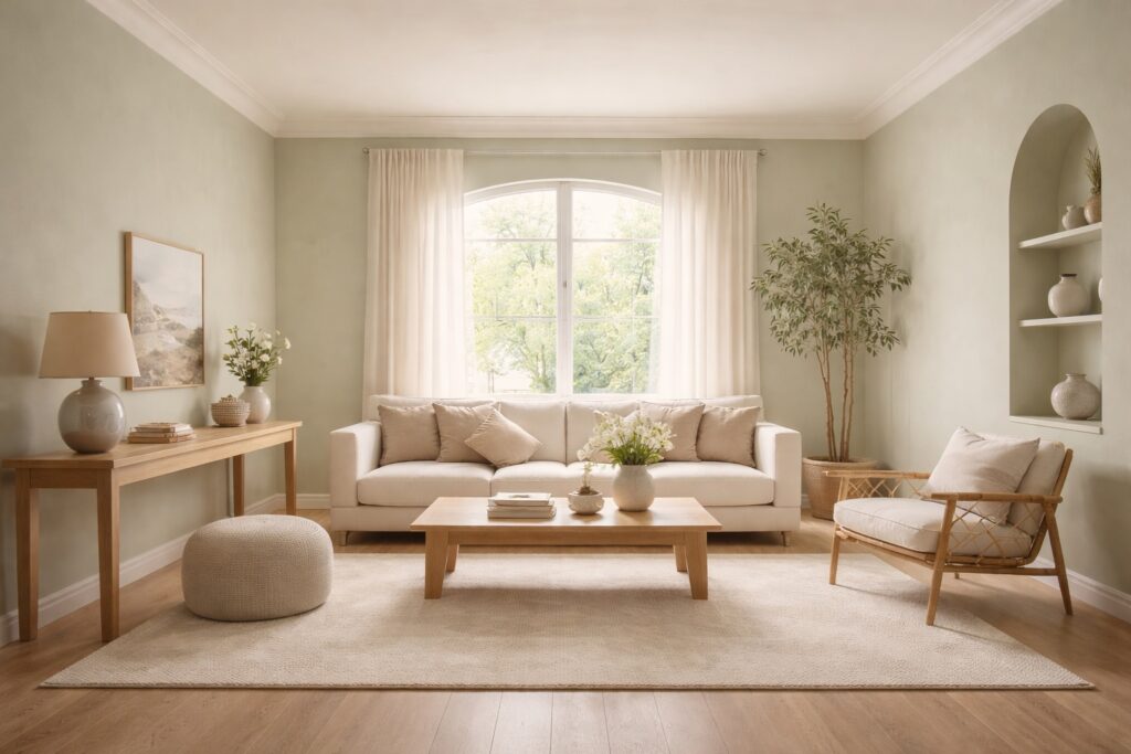 Wide interior shot of a calm living room where soft neutral wall colour creates a peaceful, comforting atmosphere before the furniture draws attention