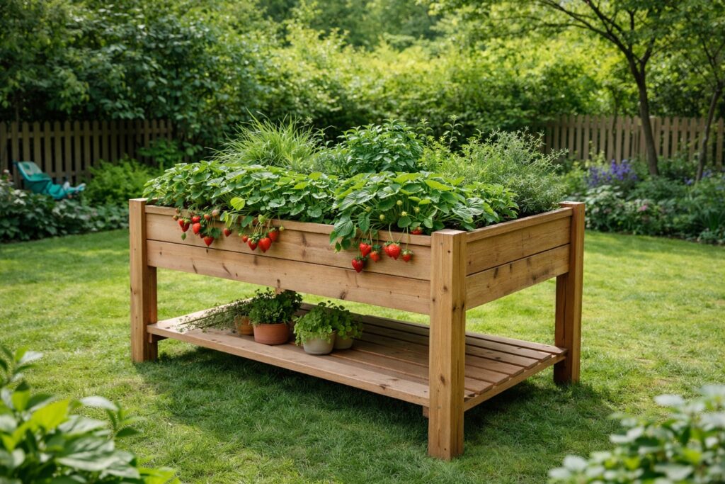 sturdy-raised-wooden-planter-strawberries-herbs-landscape