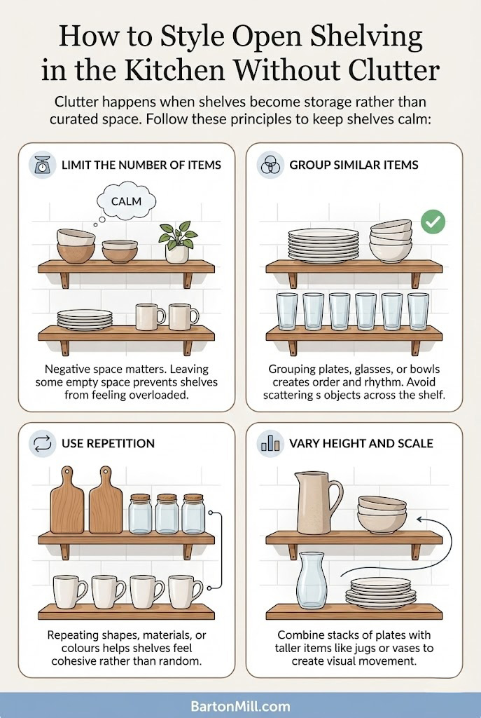 Infographic titled "How to Style Open Shelving in the Kitchen Without Clutter." It provides tips on limiting items, grouping similar objects, using repetition, and varying height to create a curated look. Includes BartonMill.com branding.