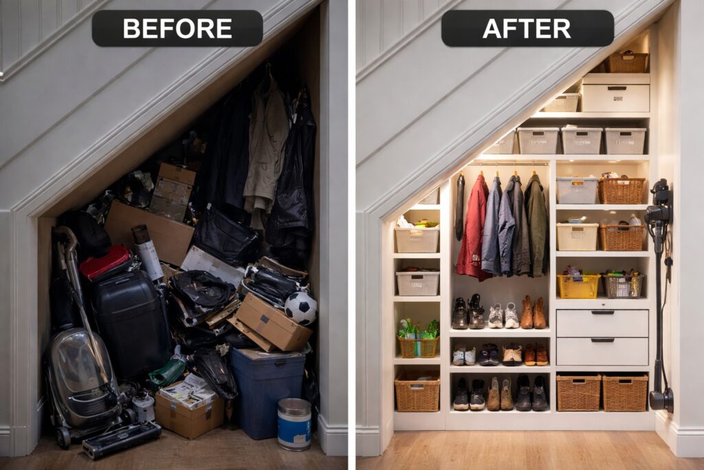 Split screen image showing a cluttered, dark cupboard under the stairs before, and the same space after being transformed into a bright, organised storage area with custom shelving and lighting.