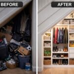 Split screen image showing a cluttered, dark cupboard under the stairs before, and the same space after being transformed into a bright, organised storage area with custom shelving and lighting.
