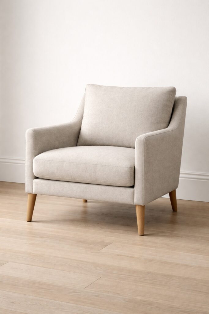Upholstered armchair with clean lines and a light, compact design, positioned away from the wall so the skirting boards remain visible.