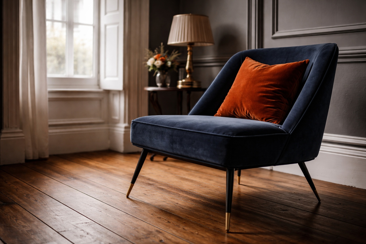 Modern vs traditional living room showcasing the mixing of modern and traditional styles, with a sleek velvet armchair on original wooden floorboards, soft layered lighting, and an out of focus Victorian sash window with shutters in the background.