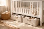 White wooden cot in a warm, small nursery showcasing clever storage hacks, with soft fabric under-cot drawers slightly open to reveal neatly organised baby essentials, a woven basket nearby, and gentle sunlight highlighting the textures.