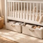 White wooden cot in a warm, small nursery showcasing clever storage hacks, with soft fabric under-cot drawers slightly open to reveal neatly organised baby essentials, a woven basket nearby, and gentle sunlight highlighting the textures.