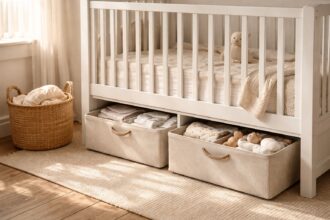 White wooden cot in a warm, small nursery showcasing clever storage hacks, with soft fabric under-cot drawers slightly open to reveal neatly organised baby essentials, a woven basket nearby, and gentle sunlight highlighting the textures.