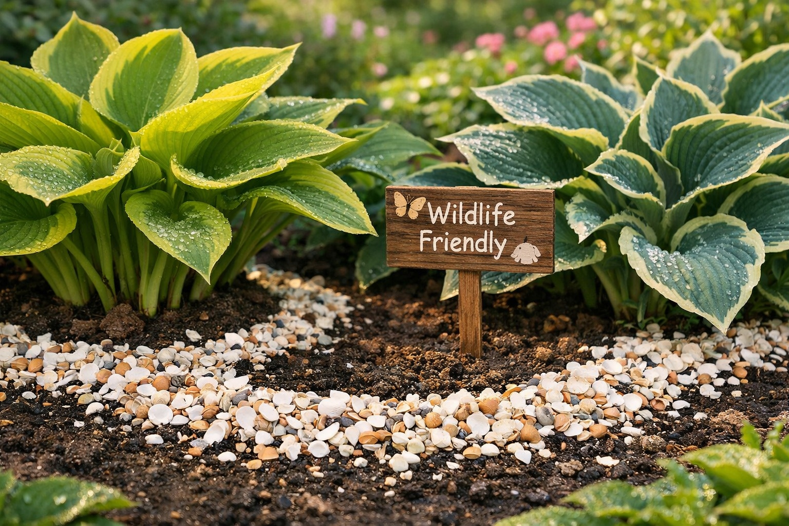 Eco-friendly ways to protect hostas using crushed eggshells and grit around plants in a wildlife-friendly garden bed