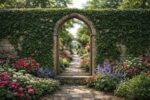 Stone garden archway with ivy and colourful flowers creating a reflective illusion, styled to showcase the best garden mirrors in a traditional landscaped garden setting
