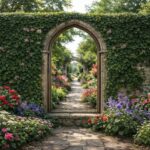 Stone garden archway with ivy and colourful flowers creating a reflective illusion, styled to showcase the best garden mirrors in a traditional landscaped garden setting