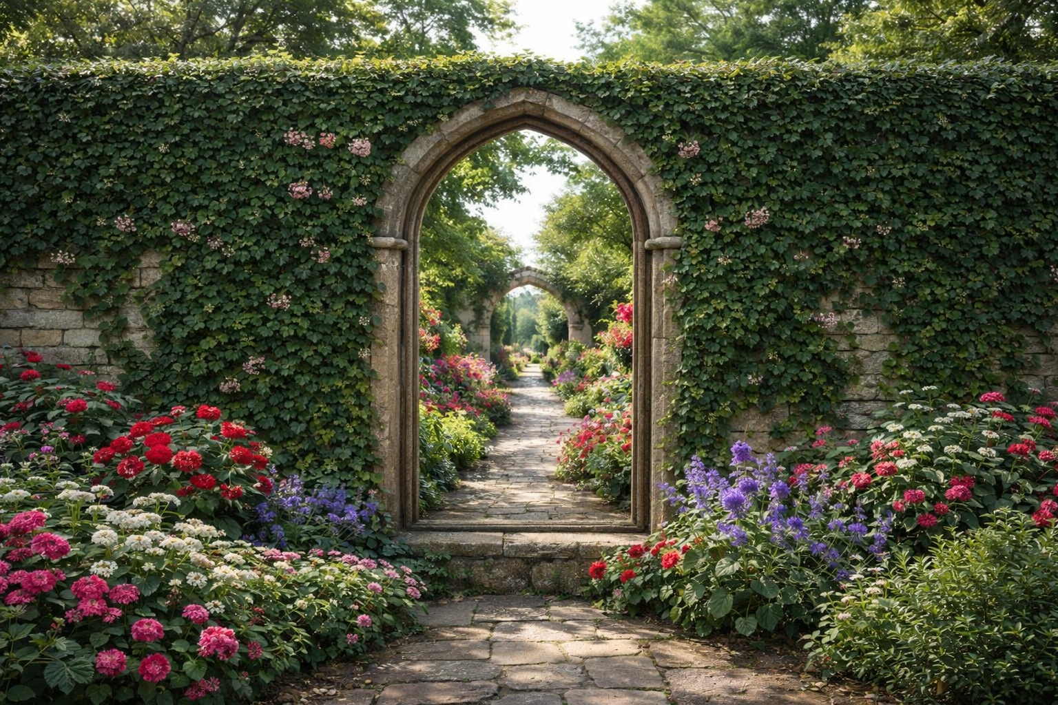 Stone garden archway with ivy and colourful flowers creating a reflective illusion, styled to showcase the best garden mirrors in a traditional landscaped garden setting