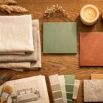 Overhead flat lay of calming color palettes for sleep, featuring soft neutral linen fabrics, sage green painted wood, and muted terracotta tile in warm evening light.