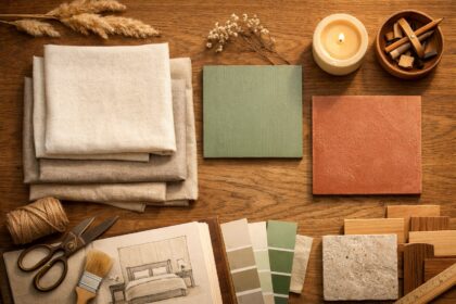 Overhead flat lay of calming color palettes for sleep, featuring soft neutral linen fabrics, sage green painted wood, and muted terracotta tile in warm evening light.