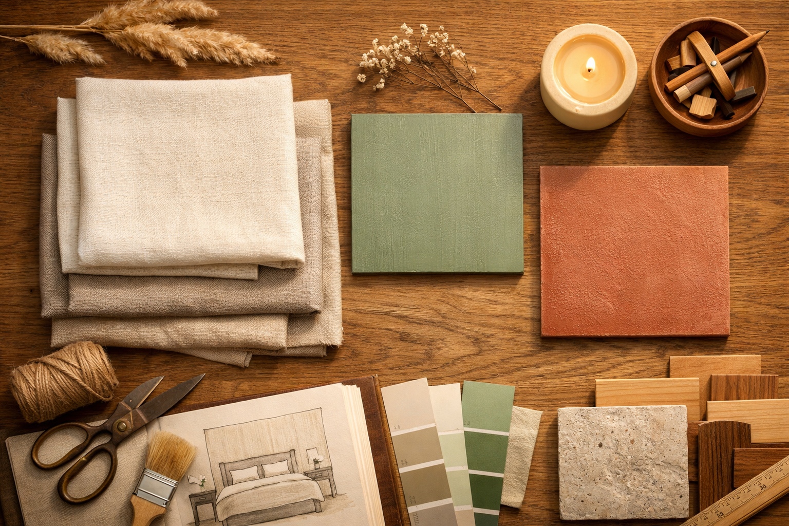 Overhead flat lay of calming color palettes for sleep, featuring soft neutral linen fabrics, sage green painted wood, and muted terracotta tile in warm evening light.