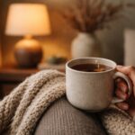 Cosy living room ideas for autumn featuring a close up of a hand holding a ceramic mug of tea on a chunky knit blanket, with a warm glowing table lamp and dried branches softly blurred in the background.
