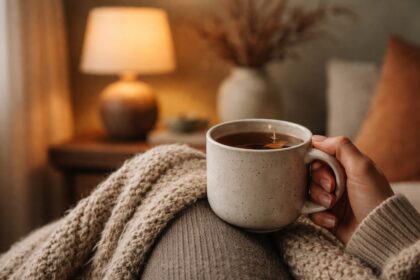 Cosy living room ideas for autumn featuring a close up of a hand holding a ceramic mug of tea on a chunky knit blanket, with a warm glowing table lamp and dried branches softly blurred in the background.