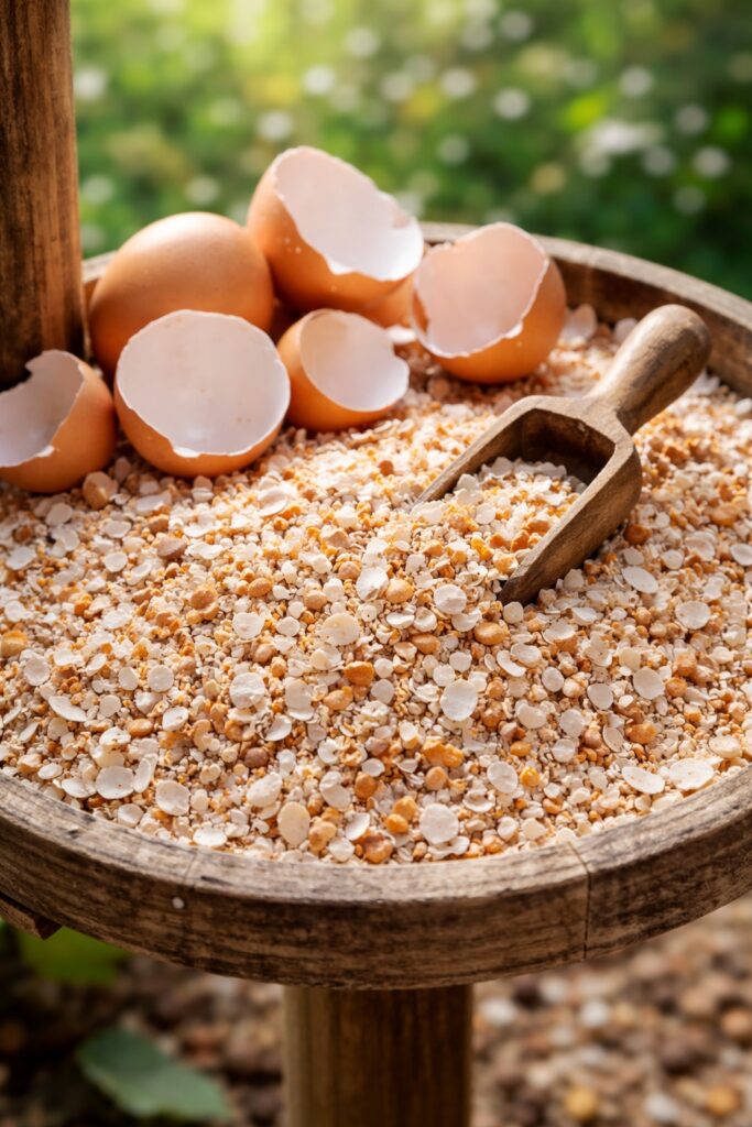 Close up of crushed baked eggshells on a wooden bird table, providing calcium to support healthy eggshell formation in garden birds.