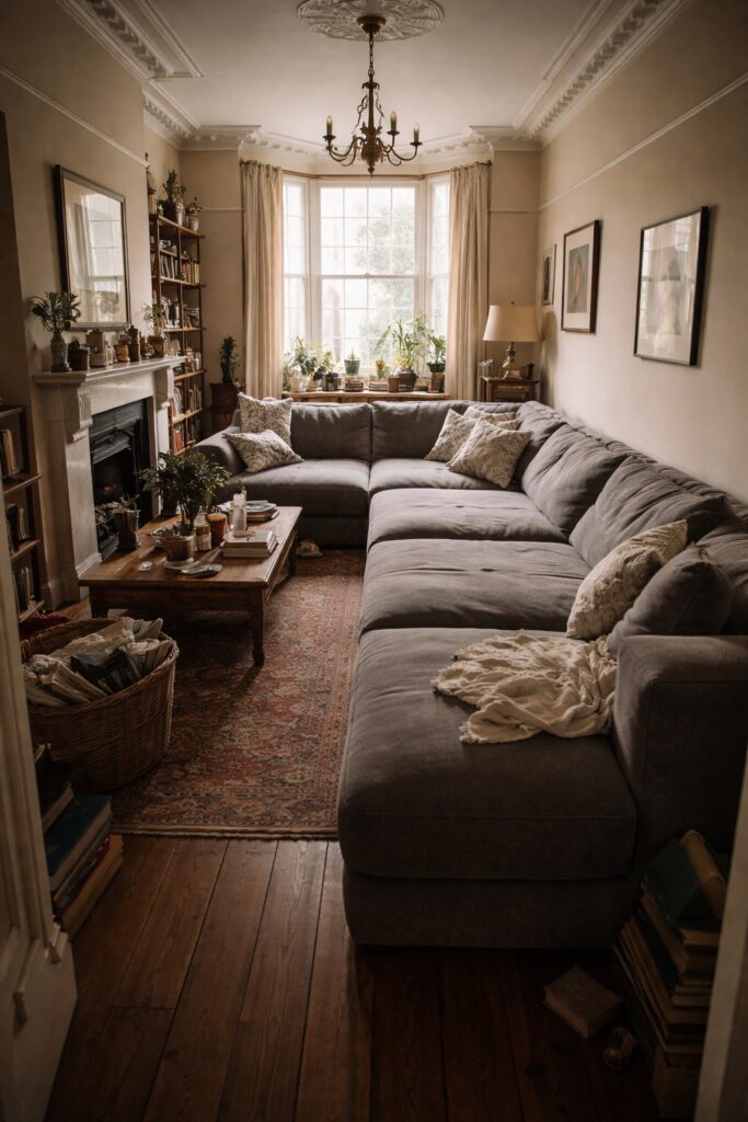 Documentary style view down a narrow Victorian living room with high ceilings, where an oversized modern L shaped sectional sofa dominates the space, restricting the walkway toward the bay window and highlighting the contrast between historic proportions and contemporary comfort.