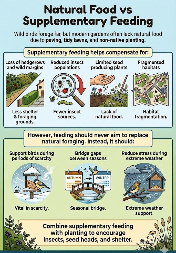 Infographic illustrating the balance between natural foraging and supplementary feeding to support garden birds amidst habitat loss.