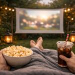 Cozy outdoor cinema projector setup viewed from a deckchair with popcorn and a cold drink in the foreground and a softly lit garden movie screen in the background