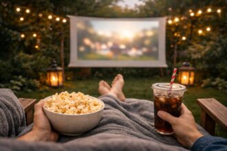 Cozy outdoor cinema projector setup viewed from a deckchair with popcorn and a cold drink in the foreground and a softly lit garden movie screen in the background