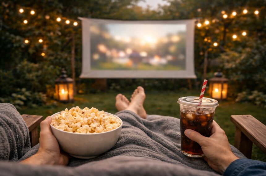 Cozy outdoor cinema projector setup viewed from a deckchair with popcorn and a cold drink in the foreground and a softly lit garden movie screen in the background