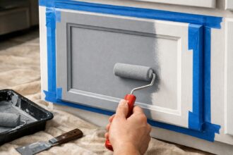 Close up of renter friendly kitchen cabinets being painted soft grey with a foam roller, blue painter’s tape protecting edges and a drop cloth covering the floor to show careful, non permanent renovation.