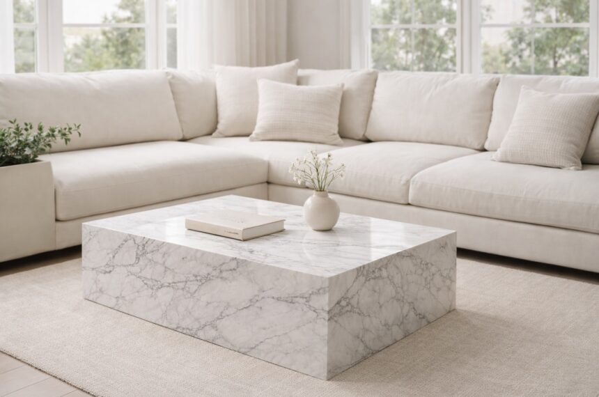 Modern neutral living room featuring a large stone coffee table with white marble veining, styled with a cream sectional sofa, soft cushions, and natural daylight.